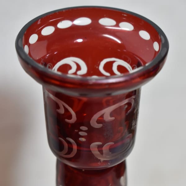 Vintage Hand Etched BOHEMIAN Glass Czech Candle Holder - Red / Ruby color glass