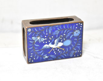 Vintage Beautiful Empty Matchbox Case w/Design-Bronze Case w/Enamel