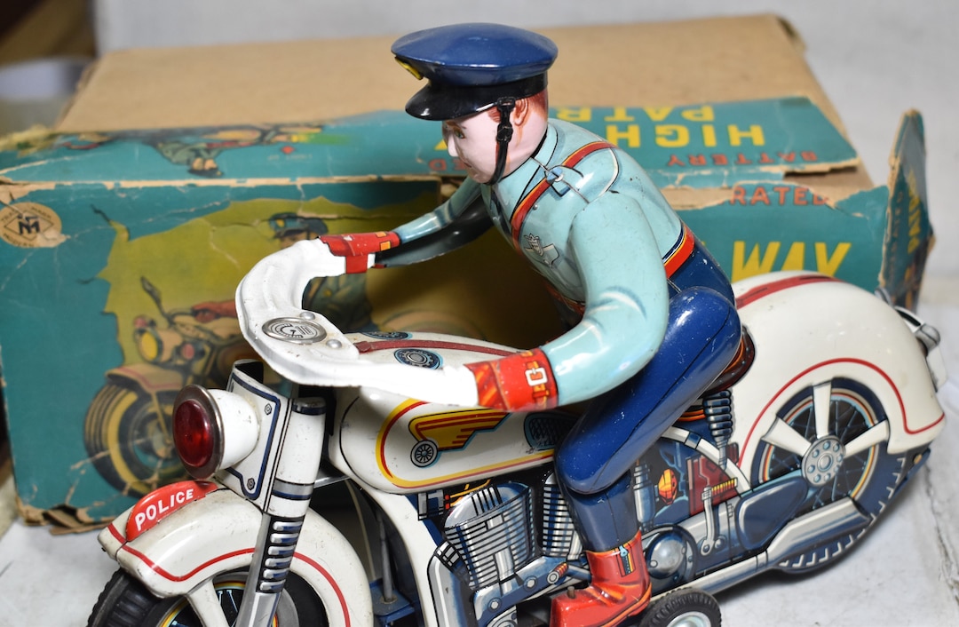 Highway Patrol Motorcycle & Rider Tin Toy 1950-battery