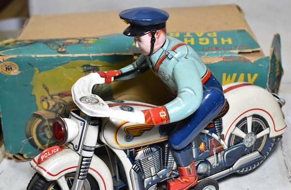 Highway Patrol Motorcycle & Rider Tin Toy 1950-battery