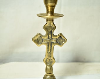 Vintage Bronze Christian Orthodox Candlestick-Cross Design Religious