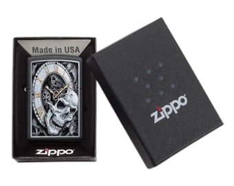 Personalised Black Matte Zippo Lighter – Time Is Ticking Skull Design – Custom Engraved Gift for Him – Genuine Zippo, Engraved by GIFTETCH
