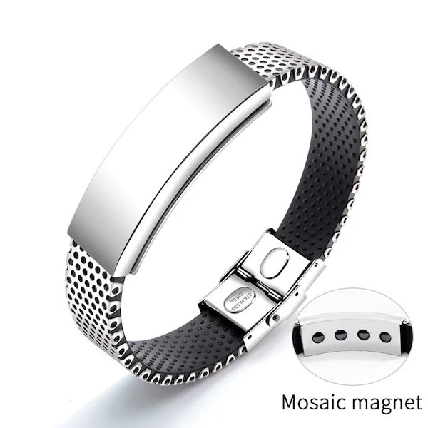 Personalised stainless steel bracelet with a rubber backing for him by Giftetch.