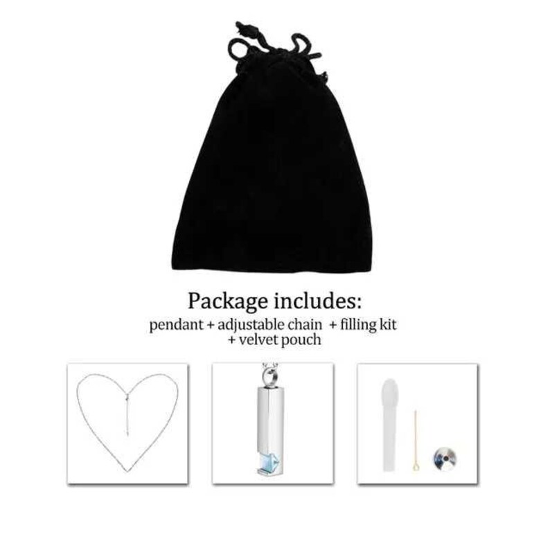 May include: A silver pendant necklace with a heart-shaped opening, a black velvet pouch, a silver chain, and a small filling kit. Package includes: pendant + adjustable chain + filling kit + velvet pouch.
