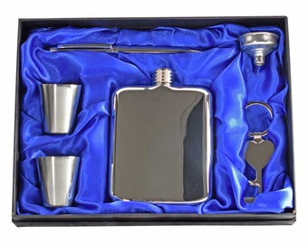 Personalised Hip Flask Gift Set 6oz Luxury  Mirror Finish