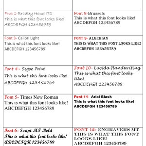 May include: A white background displays 12 font samples, each labeled with the font name and a demonstration of the font's appearance. The text "This is what this font looks like!" is shown in each font, along with the alphabet and numbers.