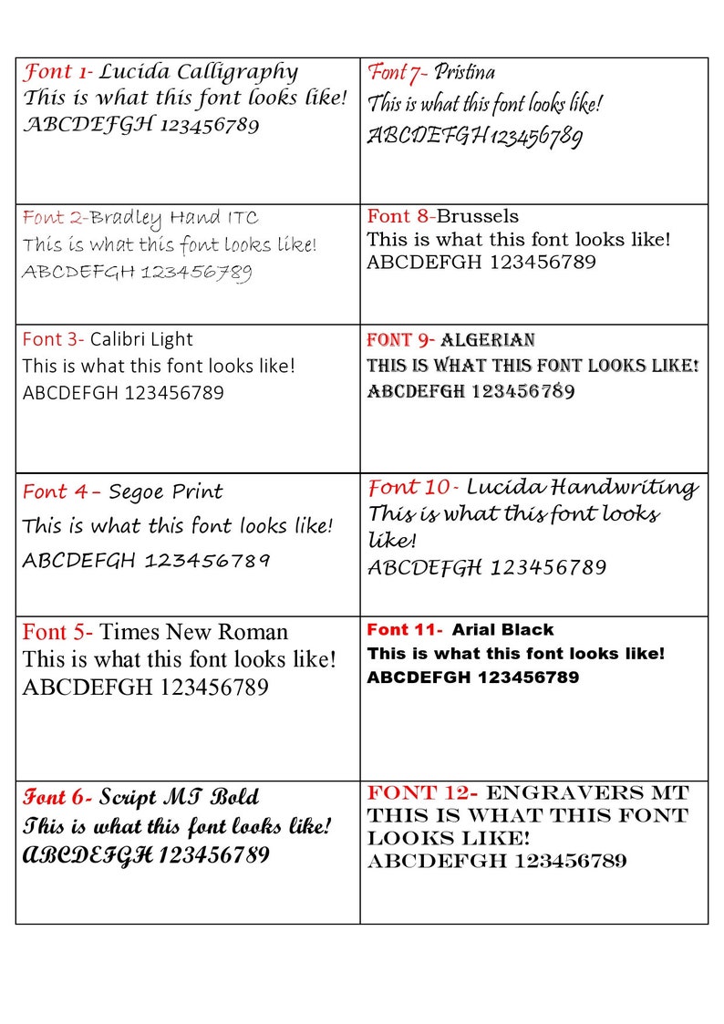May include: A white background displays 12 font samples, each labeled with the font name and a demonstration of the font's appearance. The text "This is what this font looks like!" is shown in each font, along with the alphabet and numbers.