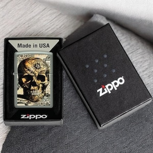 Personalised Floral Tattoo Skull Design-Engraved Zippo Brass Lighter