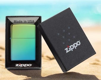 Personalisiertes Zippo-Feuerzeug, hochglanzpoliertes blaugrünfarbenes Zippo in Geschenkbox
