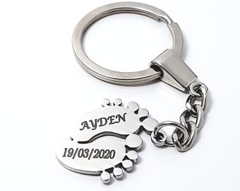 Personalised Stainless Steel Baby Feet keyring Name & Date