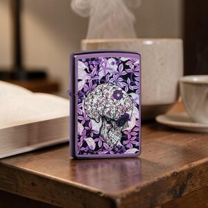 Personalised Hidden Skull Design High Polish Purple Colour Printed Zippo Floral Skull Art Engraved Gift Custom Zippo by GIFTETCH image 2