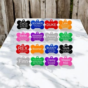 Personalised Metal Dog Tags, Engraved Bone Shaped Multicolour, Pet Tags for Collars.