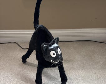 Vintage Halloween Decoration Black Cat Plush w/ Rubber Face Tail Hook