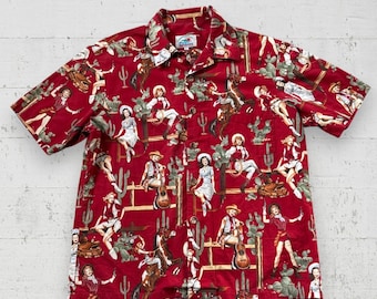 Vintage Paradise On A Hanger Hawaiian Shirt Men's XL Western Cowgirls Red USA