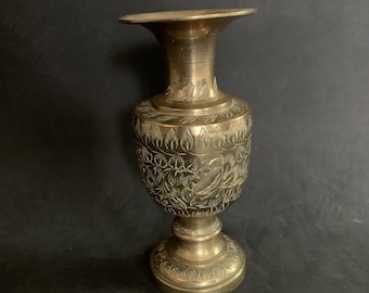 Vintage Sarna Etched Brass Small 5" Tall Vase India With Floral Leaf Design