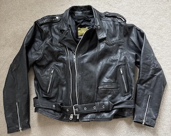 Vintage Protech Black Leather Motorcycle Biker Jacket Belted Braided Size 46