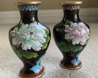 Vintage Pair of Enamel Black Cloisonne Brass Vases 6" Floral