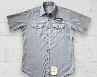 US Navy Submarine Service Chambray Blue S/S Utility Work Shirt Sz L 90s