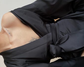 Black Kimono Robe: Vegan Silk Elegant Loungewear