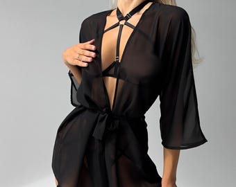 Black robe sheer see through with a belt dressing gown black chiffon