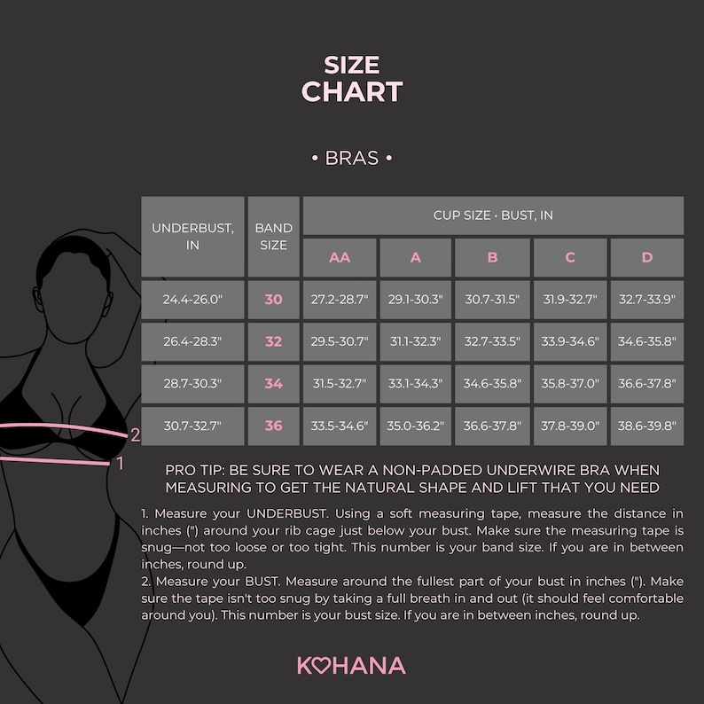 Puede incluir: Una tabla de tallas de sujetadores con un diagrama de una mujer usando un sujetador. La tabla muestra la talla de debajo del pecho y la talla de la banda en pulgadas, y la talla de la copa en pulgadas. La tabla tambi&eacute;n incluye un consejo sobre c&oacute;mo medir tu debajo del pecho y tu pecho.