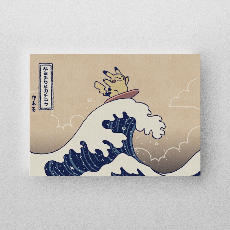 Surfing Pikachu on the Great Wave off Kanagawa Print Pokémon x Katsuhika Hokusai image 1