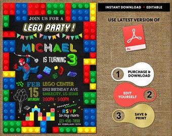 Lego Birthday Invitation Instant Download, Lego Invitations Birthday Printable, Lego Thank You Card, Boy Lego Party Invitation