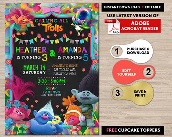 Double Birthday Invitation Trolls, Trolls Birthday Invitation For Twins, Trolls Sibling Birthday Invitation, Instant Download Editable