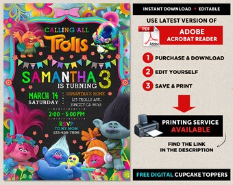 Trolls Invitation Instant Download, Trolls Birthday Invitation Digital Printable Editable, Trolls Birthday Party Invitation Download