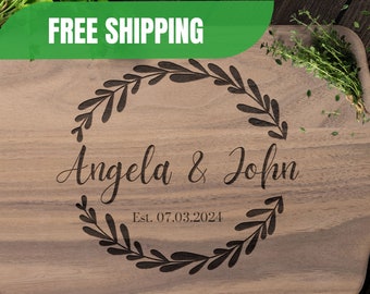 Personalized Cutting Board Wedding Gift Farmhouse Wreath Design | Custom Wedding Anniversary Gift for Couples | Engraved Engagement Present