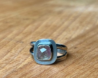 Pink Tourmaline Ring with a Hint of Green Set in Fine and Sterling Silver on Plain Sterling Silver Split Band US Size 5.75