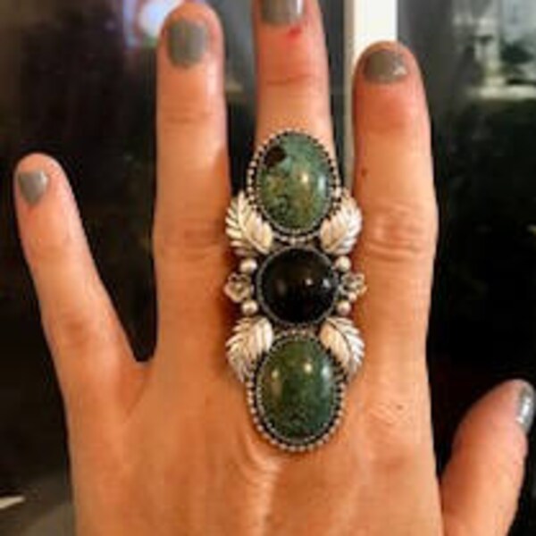 Transitioning:  Sterling Silver Turquoise Statement Ring With Black Onyx