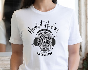 Headset Hookers 911 Dispatcher Crochet Shirt for First Responders 911 Dispatch Gifts for EMS Operator Thin Gold Line TShirt for Police