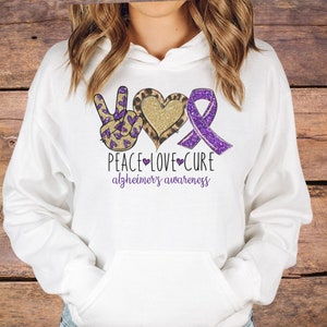 Alzheimer’s Awareness Hoodie | Peace Love Cure Sweatshirt | Purple Ribbon Dementia Clothing for Her | Alzheimer’s Gift | End ALZ Support