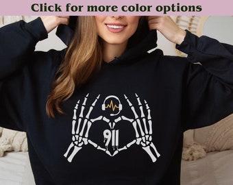 911 Dispatcher Hoodie, Dispatch Thin Gold Line Skeleton Gift for First Responder, Police Pullover, Hooded Sweatshirt for Police Operator