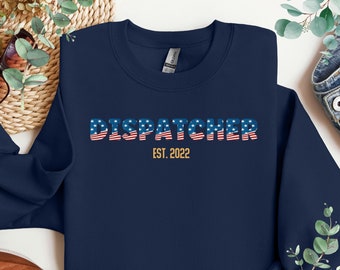 Personalized Dispatcher Sweatshirt for 911 First Responder Custom Patriotic American Flag Dispatch Crewneck for Police Thin Gold Line Gift