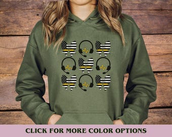Coquette 911 Dispatcher Hoodie, Retro Police Dispatch Sweatshirt Gift, Thin Gold Line 911 First Responder Dispatcher Appreciation Apparel