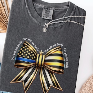 Thin Gold Line Flag Comfort Colors T-Shirt, Dispatcher Coquette Bow Tee Shirt, Dispatch Appreciation Week Gift, Unisex 911 Operator Tshirt