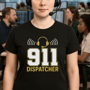 May include: Black t-shirt with a gold and white graphic. The graphic includes a headset, sound waves, and the text "911 DISPATCHER" in a bold, collegiate-style font. The shirt is worn by a person wearing a headset.