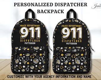 911 Dispatcher Backpack, Personalized Shift Bag for Thin Gold Line, Custom 911 Operator First Responder Appreciation Gift for Dispatch Week