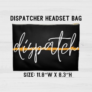 May include: Black zippered pouch with a white "dispatch" graphic and a yellow stripe. The pouch measures 11.8 inches wide by 8.3 inches high.