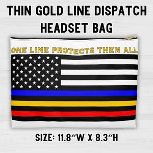 May include: A white headset bag with a thin gold line design. The bag features an American flag with a blue and yellow stripe, and the text "One Line Protects Them All". The bag measures 11.8 inches wide by 8.3 inches high.