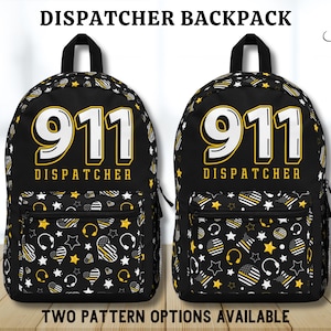 May include: Black backpack with a 911 Dispatcher design. The backpack has a yellow and black pattern with stars, hearts, and headphones.