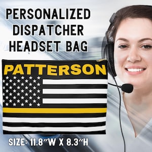 May include: Personalized black and white headset bag with a yellow stripe and the name "PATTERSON" printed in yellow. The bag measures 11.8 inches wide by 8.3 inches high.