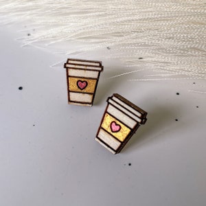 Coffee Cup Wooden Stud Earrings: Coffee Lover Gift