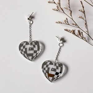 Disco heart shaped earrings, mirror dangle studs, party earrings