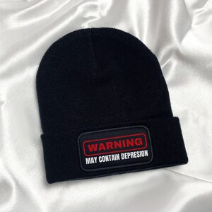 Black mental health hat, depresion winter hat, Warning fun hat