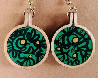 Mini Embroidery Hoop Earrings-Hand-Painted Green