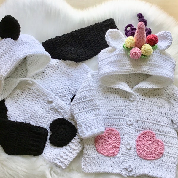 Crochet PATTERN Hooded Panda & Unicorn Cardigan Set N 407 Size 0-3 months, 3-6 months, 6-12 months, 1-2 years, 3-4 years, 5-6 years