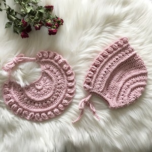 Crochet PATTERN Jasmine Baby Girl Bib & Bonnet Set Pattern N 601 Bib Size Baby and Toddler, Bonnet Size 0-6 months 6-12 months 1-2 years